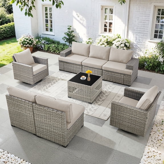 PARKWELL 8 Pieces Patio Furniture Sets,Outdoor Wicker Modular L Shaped Conversation Sectional Sofa Set with Coffee Table and Swivel Glider for Backyard Deck,Taupe/Beige