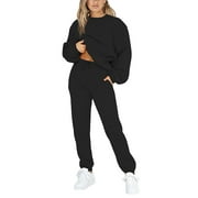 Frontwalk Jogging Suits For Womens 2 Piece Long Sleeve Sweat Suit Solid Color Winter Fleece Tracksuits Black L