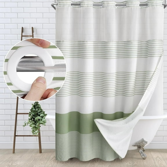 No Hook Shower Curtain with Snap in Liner Set Cotton and Linen Blend Shower Curtain for Bathroom Boho Farmhouse Green Striped 75" L x 72" W