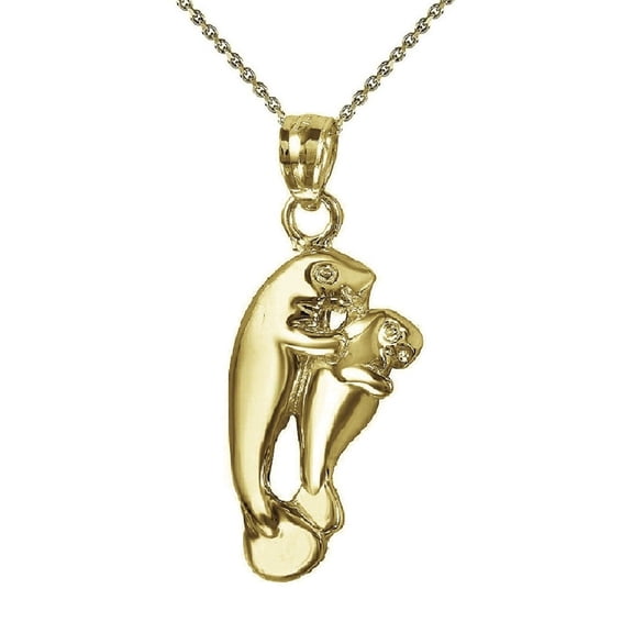 925 Sterling Silver Yellow Gold Plated 1mm Cable Chain Necklace w/ Mother & Baby Manatee Pendant