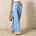 thumbnail image 5 of Women's Lightweight Lace Hem Beach Pants Ruffle Elastic Waist Wide Leg Palazzo Pants Textured Summer Pockets Casual Pants Fashion Bottoms Blue, 5 of 7