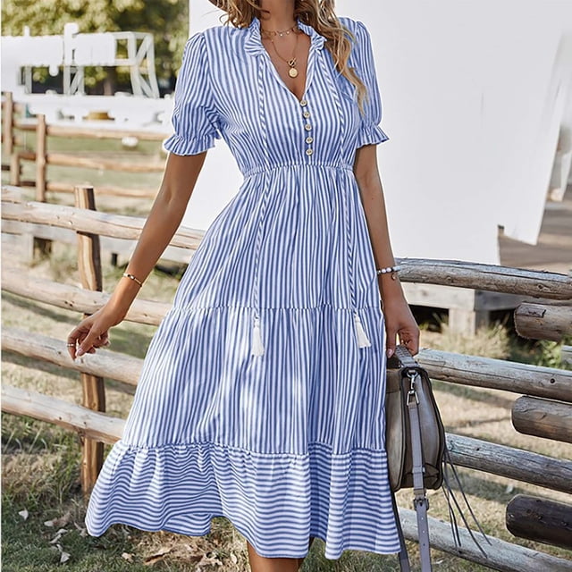 Robe Décontractée Mode Slim Col en V Longueur Genou pour Femmes, Manches Courtes Confortables Robe d'Été Printemps, Tissu Doux Extensible pour Usage Quotidien, Fête, Bureau, Sortie