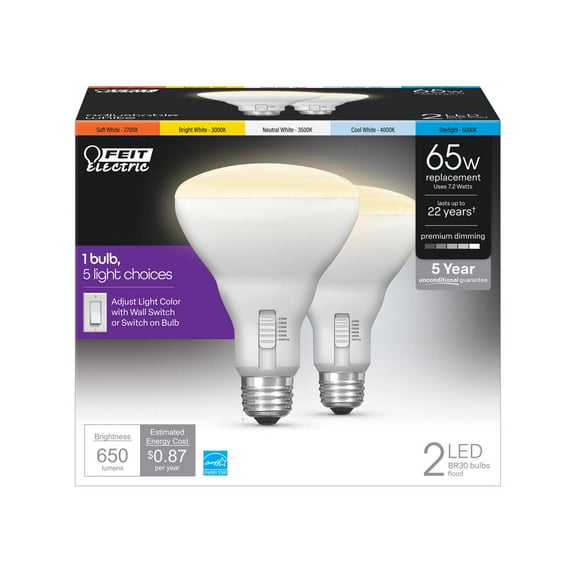 Feit BR30 E26 (Medium) LED Bulb Tunable White/Color Changing 65 Watt Equivalence 2 pk