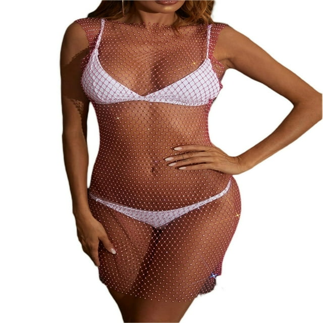 Robe en Maille Transparente Aguichant pour Femmes, Résille à Strass, Paréo de Bikini, Sortie de Plage, Robe Midi de Festival Rave/Boîte de Nuit