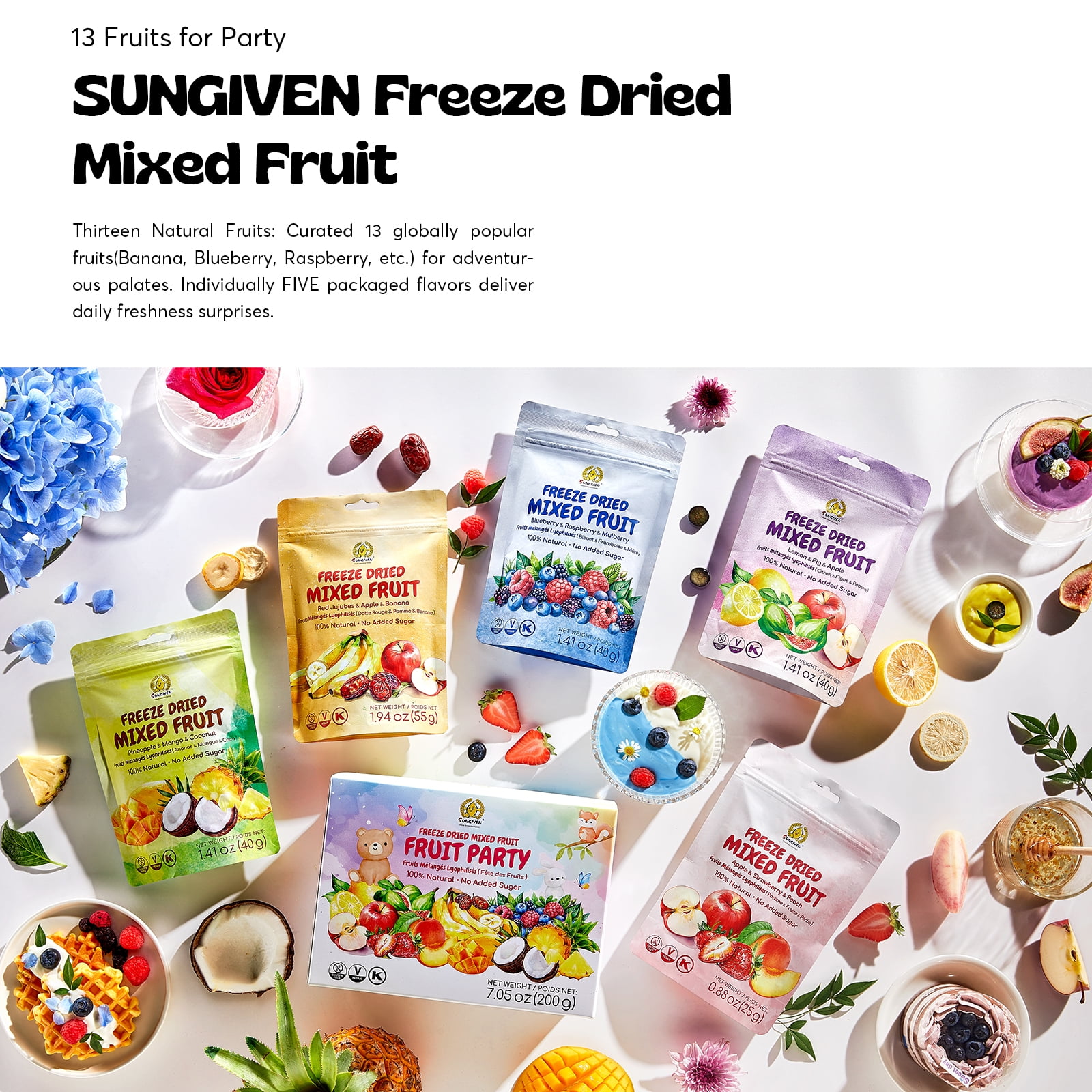 SUNGIVEN Freeze Dried Fruit Crisps 10+ Fruits Mixed Variety Pack, Health Snacks for Kids Adult, 5 Bag 7.06 Oz