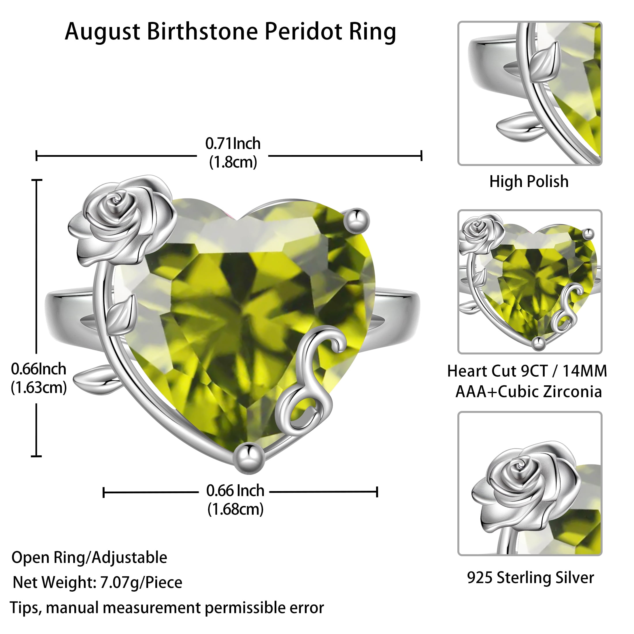 Juwaliy 9Ct Women Heart Ring 925 Sterling Silver Rose Flower August Birthstone Peridot Solitaire Ring Jewelry Mom Christmas Birthday Gift