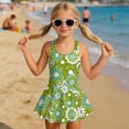 thumbnail image 3 of COEQINE Girls Tank Neck One Piece Swimsuit, V-Back Wide Strap Bathing Suit with Skirt for Kids 10-11 Years, Hawaiian Beach Swim Wear Dress Up for Girls, Green Hippie Flower, 3 of 8
