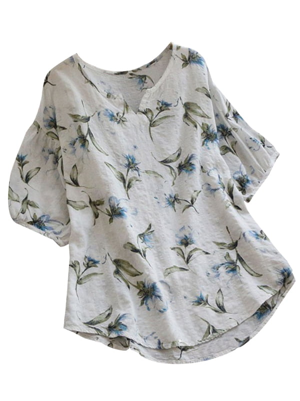 ZANZEA Womens V Neck Long Sleeve Floral Loose Tops Casual Plain Tee Shirt Blouse