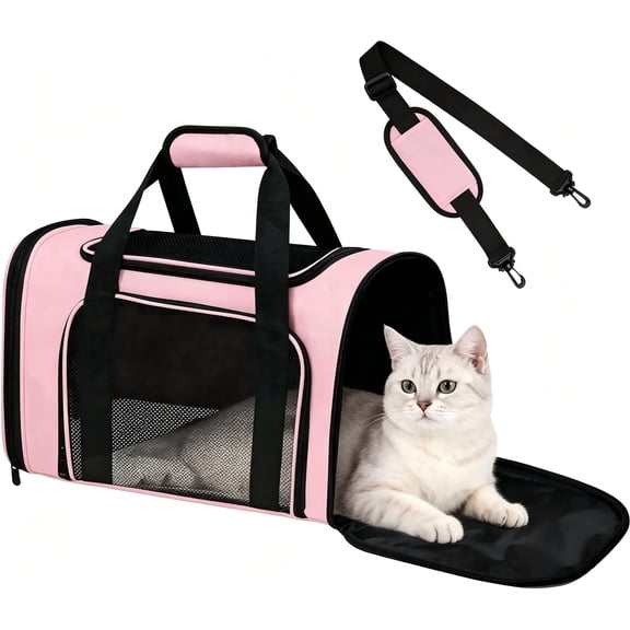 Soft Cat Carrier for Pets Up to 15 Lbs, Airline Approved Small Dog Travel Bag with Padded Shoulder Strap, Portable Pet Carrier for Kittens & Puppies, Pink