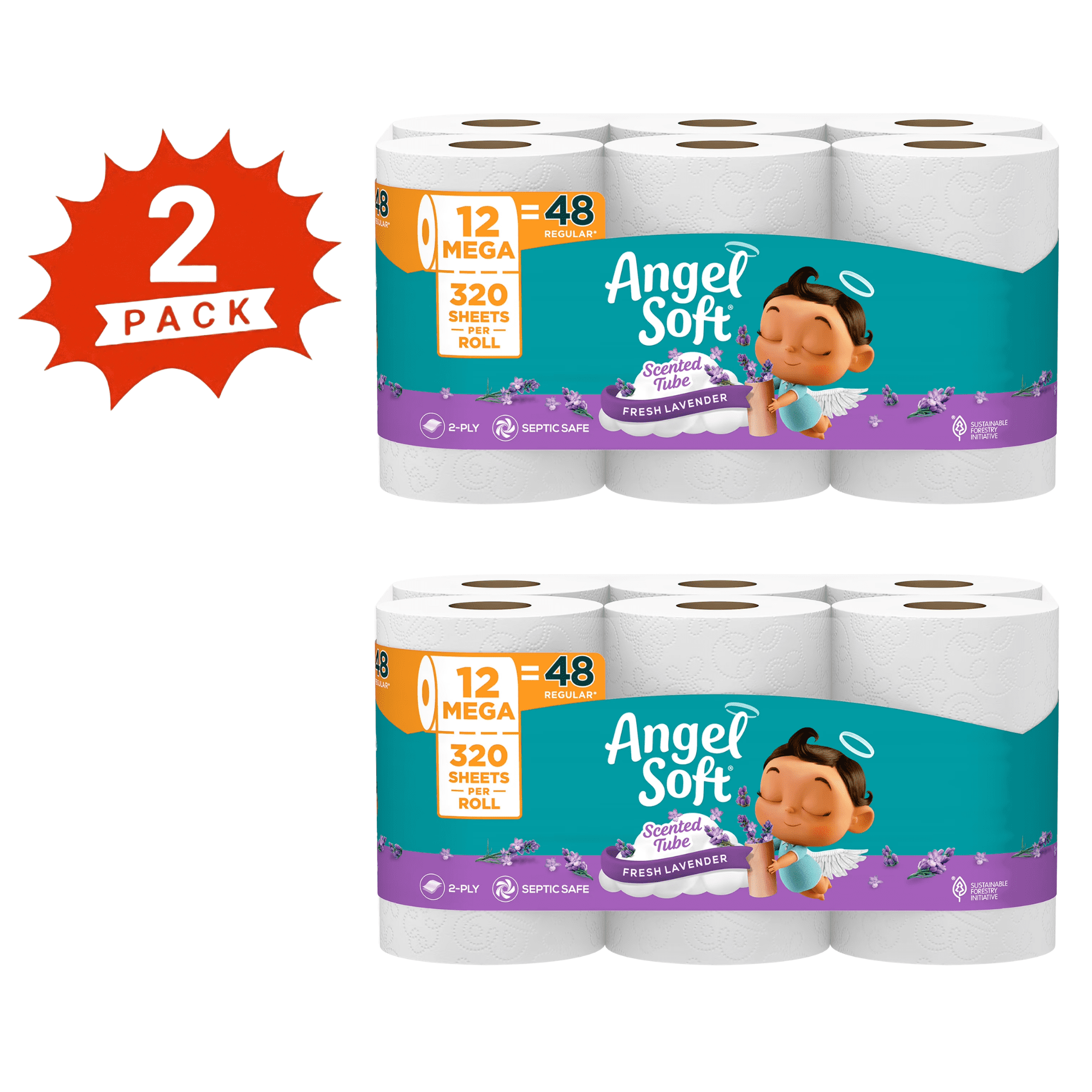 Angel Soft Toilet Paper, 24 Mega Rolls, 2-Ply Bath Tissue with Fresh Lavender Scented Tube, 640 Sheets per Roll (2-Pack)