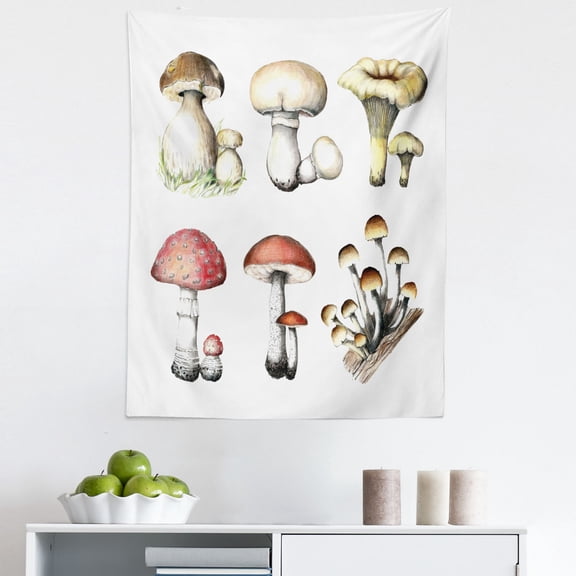 Mushroom Tapestry, Hand Drawn Fungus Pattern Amanita Muscaria Boletus Champignon Retro Illustration, Fabric Wall Hanging Decor for Bedroom Living Room Dorm, 5 Sizes, Multicolor, by Ambesonne