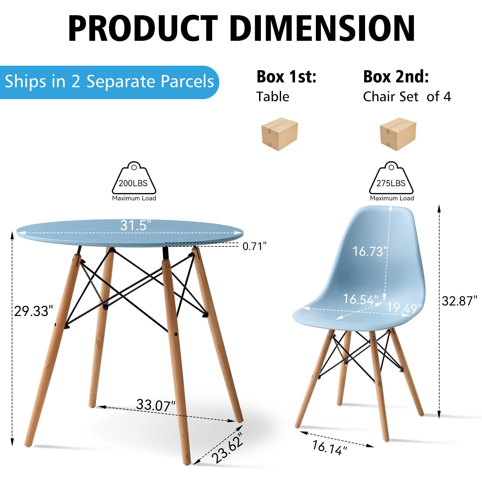 5 Piece 31.5'' Round Dining Table Set for 4, Kitchen Table & Chairs Set of 4, Mid-Century Modern Table W/ 4 Chairs for Home, Living Room, Apartment, Wood Legs, Metal Frame, Blue