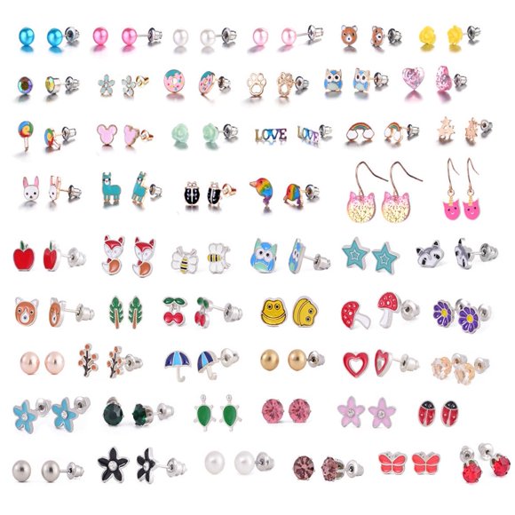 EIGTHTAIL 54 Pairs Hypoallergenic Earrings for Girls Kids Colorful Stud Earrings Animal Butterfly Cherry Cute Earring Jewelry Set Gifts Christmas Birthday Gifts for Girls Kids Women