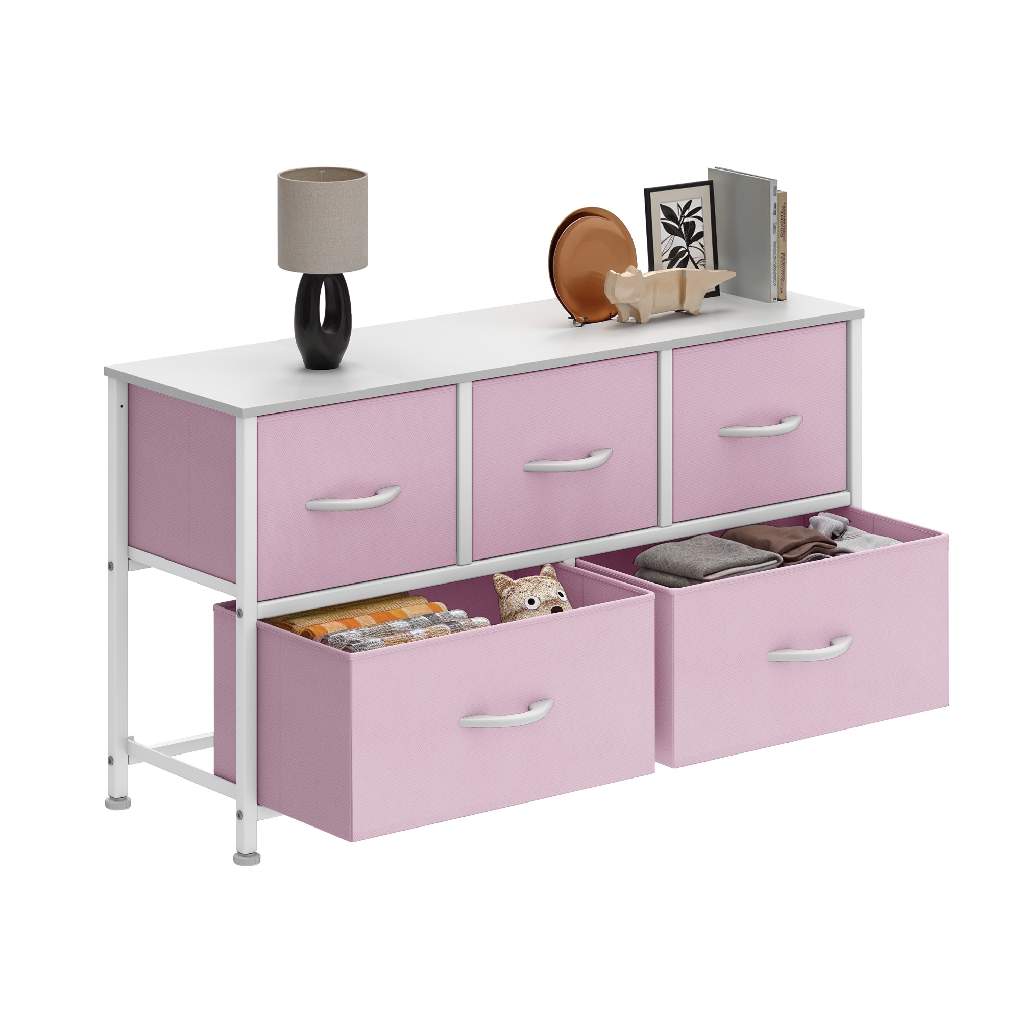 Uforic Wide Fabric Dresser with 5 Drawers,Storage Organizer with White Plastic Handles,Steel Frame,and Wooden Top for s, Living Rooms