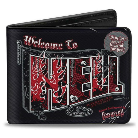 Supernatural Wallet, Bifold, Supernatural Welcome to Hell Flames Skulls Black Gray Red, Vegan Leather