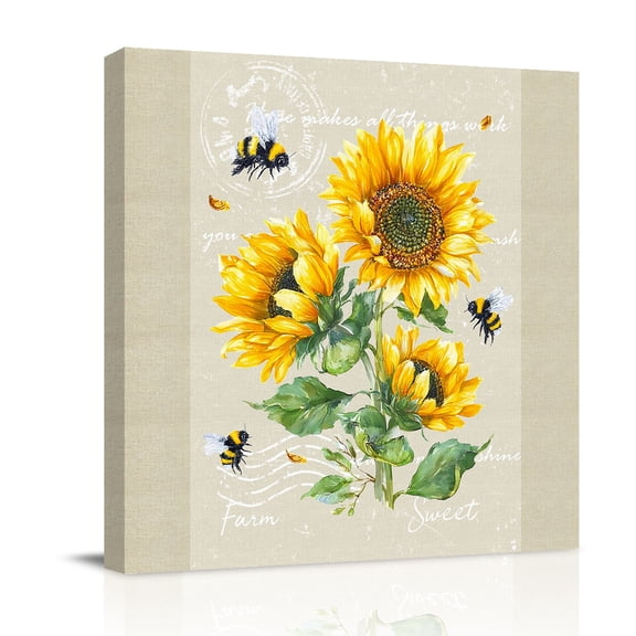 Farmhouse Floral Canvas Wall Art for Living Room, Sunflowers Bee Vintage Linen Background Poster Print Painting for Bedroom Office Home Decoration Wall Pictures Prepare To Hang 8"x8"