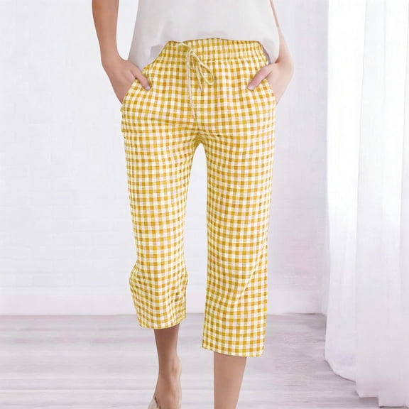 Xdegoge Plaid Capris for Women Cropped Lounge Pants Elastic Waist Drawstring Casual Straight Leg Bottoms with Pockets Lightweight Breathable Summer Wear