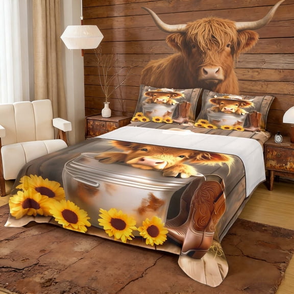 Erosebridal Sunflower Highland Cow Full Size Sheets, Western Cowboy Bed Sheets, 4pcs (1 Flat Sheet, 1 Fitted Sheet and 2 Pillowcases)