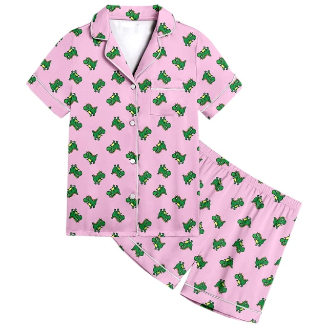 Ensemble de Pyjamas en Soie pour Filles, Manches Courtes Imprimées, Pyjamas à Boutons pour Enfants, Ensemble de Pyjamas Classiques, Pyjamas pour Filles, Garçons, Filles, Mode
