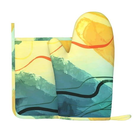

XMXY Oven Mitts and Pot Holders 2 Pcs Sets Hand Painted Abstract Watercolor Heat Resistant Silicone Cooking Gloves for Grill Baking BBQ Kitchen Decor