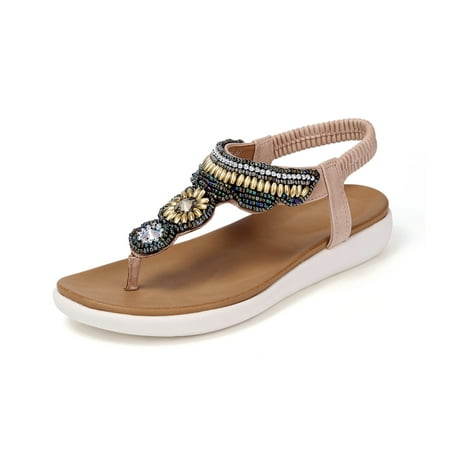 

SHIBEVER Summer Casual Beach Flats Sandals for Women Bohemian Braided Elastic T-Strap Thong Flip Flops Shoes