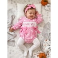 thumbnail image 4 of RUINIXCW Newborn Baby Girls Halloween Outfit Gingham Plaid Bubble Romper Long Sleeve Ghost Witch Hat Pumpkin Print Smocked Bodysuit Playsuit with Headband, 4 of 9