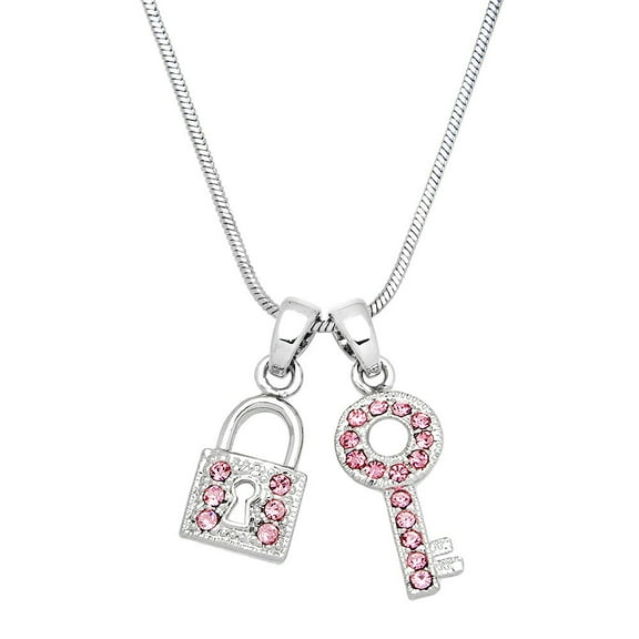 Key & Lock Pendant Necklace Rhinestone Crystal Rhodium Plated 17 Inch Snake Chain J0352-PK