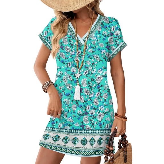 Women's Fashionable Floral Print V-Neck Short Sleeve Dress with Pocket, Casual Pullover Summer Dress, Comfortable Loose Fit, Stylish Ladies Wear,Green,L