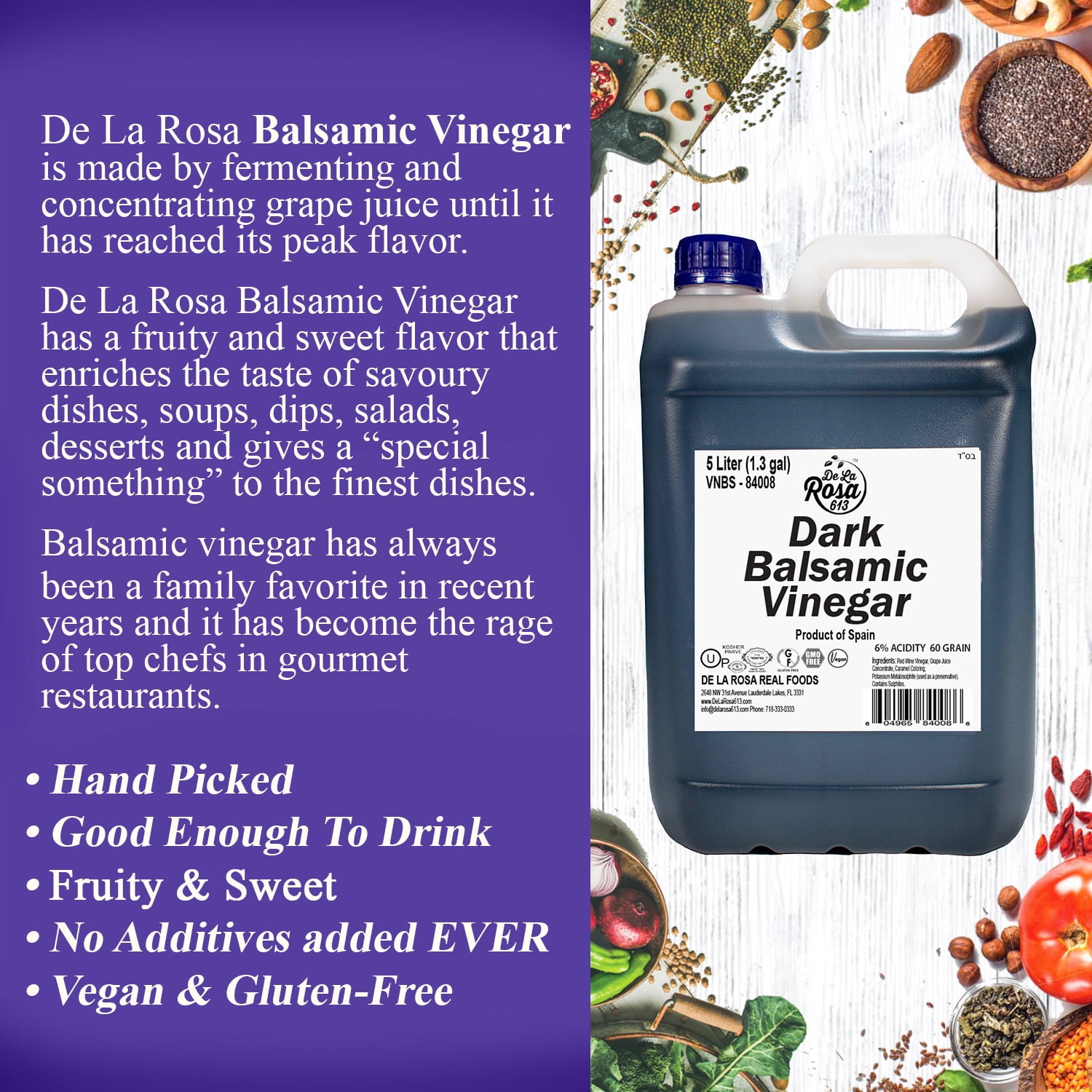 De La Rosa 613 Dark Balsamic Vinegar, Vegan, Kosher & Gluten-Free, 5 Liter (Pack of 1)