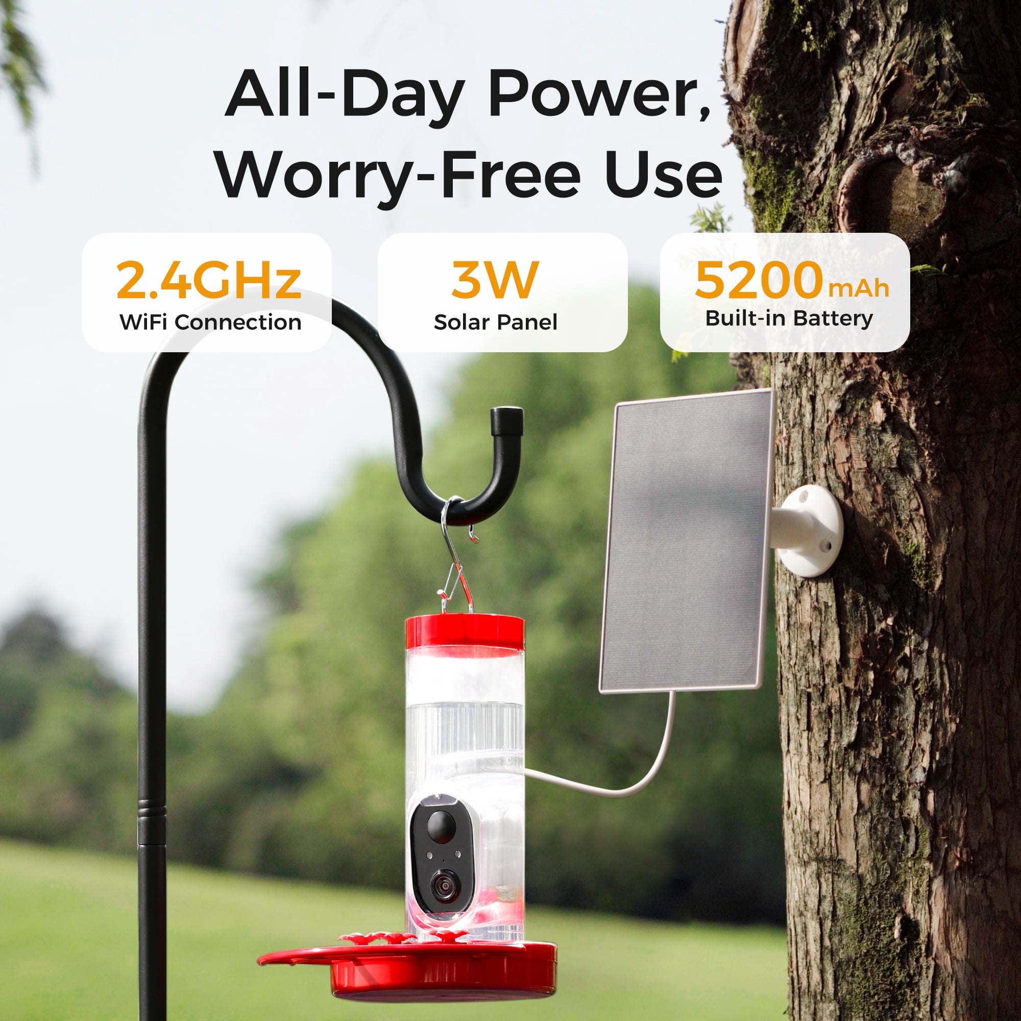 TT Nature Smart Hummingbird Feeder with Camera, Solar Powered, AI Bird Identification, Cloud Storage, Instant App Alerts, CCPA Compliant, Outdoor Hanging Feeder, 20 oz