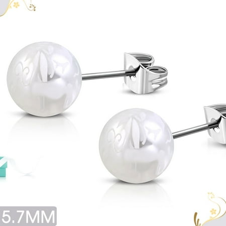 - 5.7mm Flower Paint White Acrylic Bead Ball with Stainless Steel Stud Earrings pair