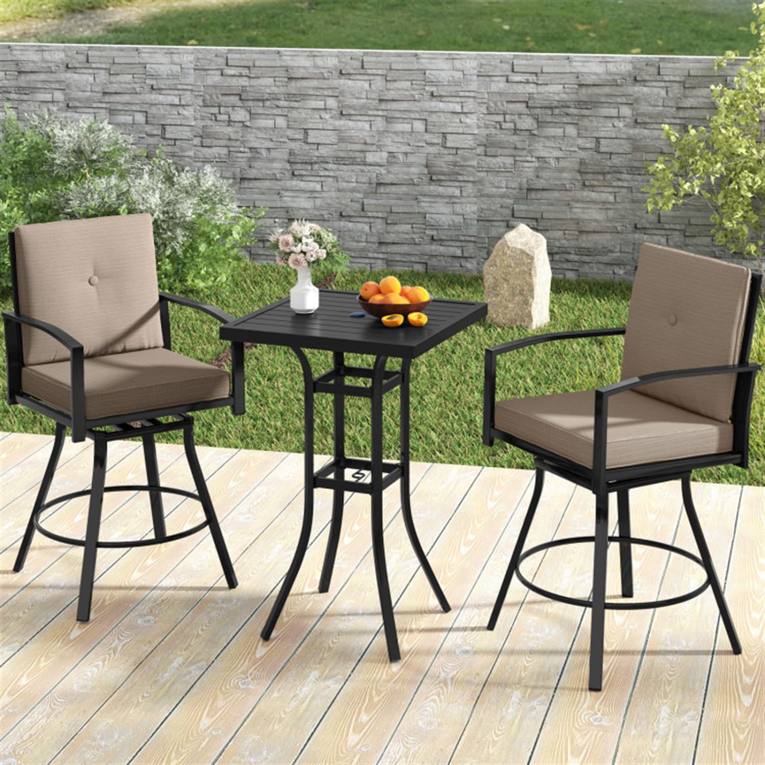 Demi Bonn 3 Pieces Patio Swivel Bar Set with Soft Cushions and Umbrella Hole, Outdoor Bistro Sets Accent Furniture for Yard, Garden, Brown
