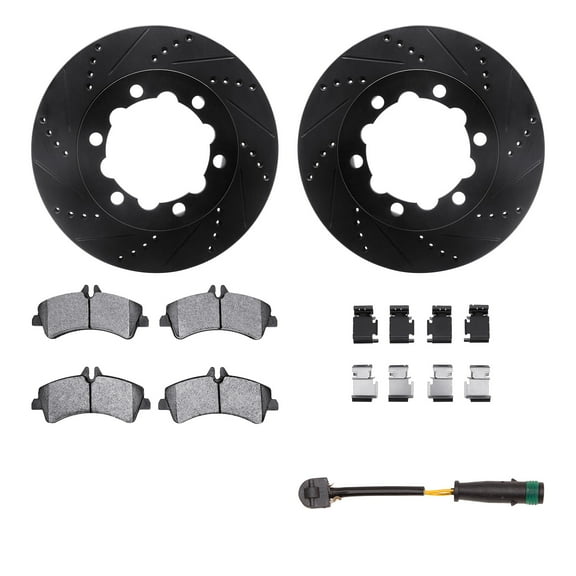 Dynamic Friction Company Rear Brake Rotors-Drilled and Slotted-Black with Heavy Duty Brake Pads includes Sensor and Hardware 8222-63199