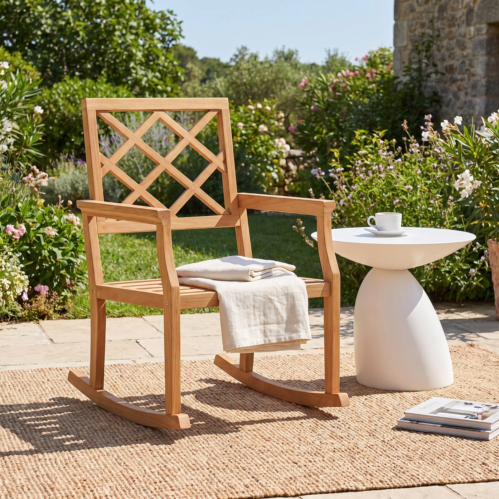 Furnibear Outdoor Rocking Chair Solid Teak Wood for Patio Porch Poolside Brown 400 lbs Capacity Weather-Resistant Outdoor Furniture
