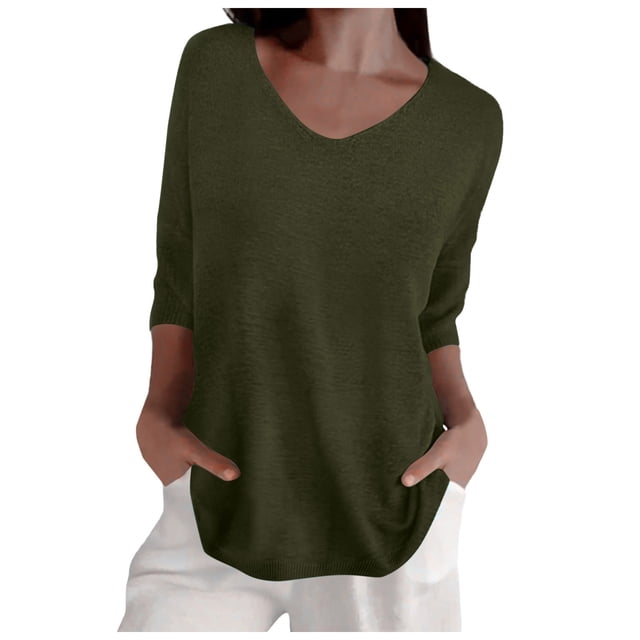 Women Spring Casual Three Quarter Sleeve Solid V Neck Loose Pullover Knit Fall Sweater Top