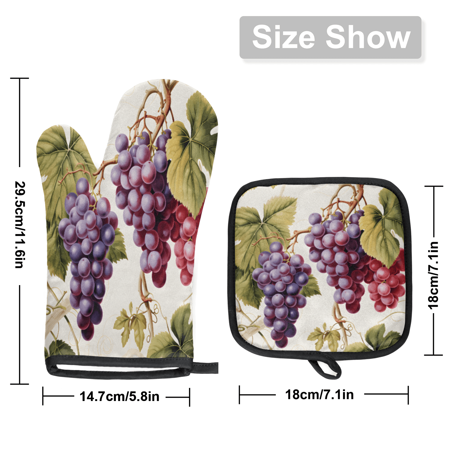 CURLYOOT Vintage Grapes Vine Oven Mitts and Pot Holders Sets of 2, Non-Slip Washable Hot Pads and Oven Gloves for Kitchen Cooking Baking