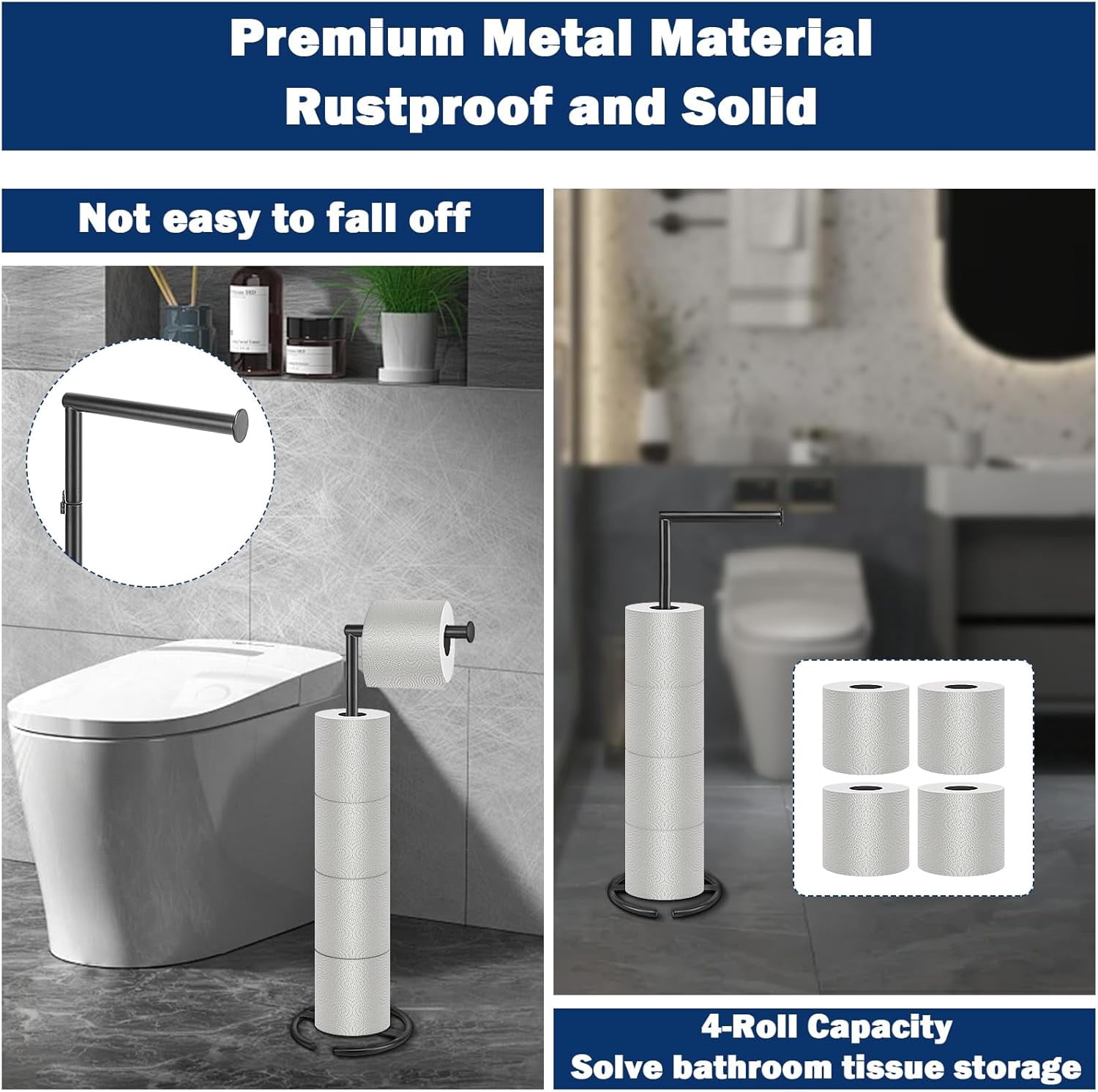 Bath Toilet Paper Holder Stand- Modern Tissue Roll Standing with Balanced Base, Rustproof for Bathroom/Kitchen Countertop (Matte Black, Metal Base)