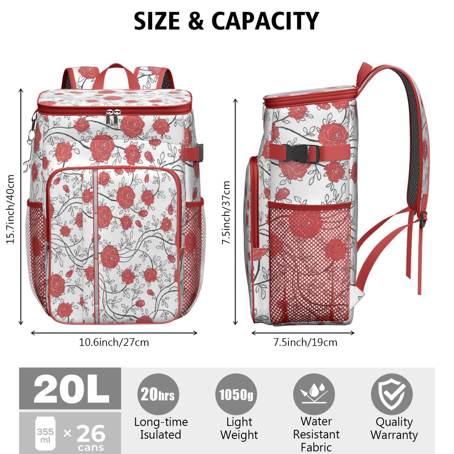 Travel Cooler Bag - Pioneer Flower Floral Print Pattern Camping Beer Cooler Backpack with Bottle Opener- Waterproof Insulated Picnic Backpacks - Cooler Bag for Beach
