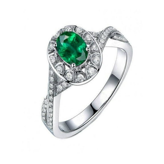Antique 2 Carat Emerald and Diamond Engagement Ring in 14k White Gold affordable emerald and diamond engagement ring