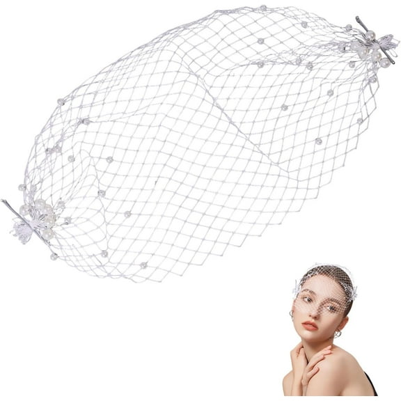Birdcage Face Veil Pearl Fasacinator White Mesh Lace with Pearls Headband Veil Fascinator Hat for Women Tea Party Dinner Party Easter Bridal Wedding