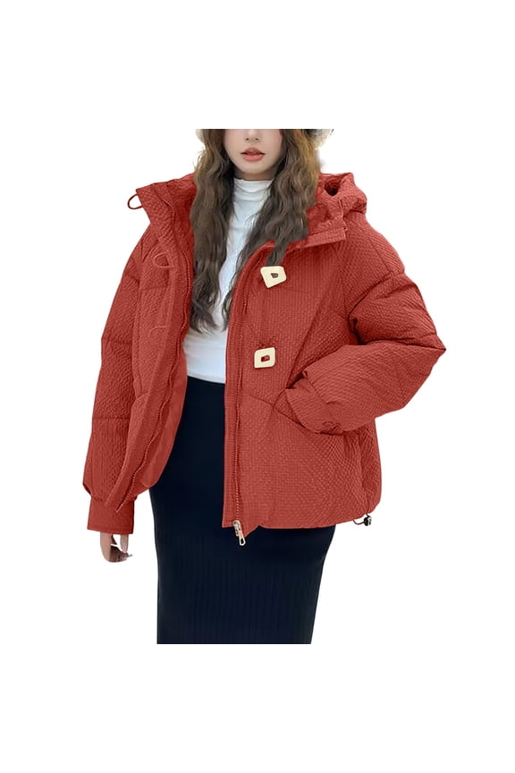 Womens Toggle Hooded Puffer Jacket Winter Parka Warm Thick Insulated Zip Up Short Coat Casual Daily Outerwear Orange L