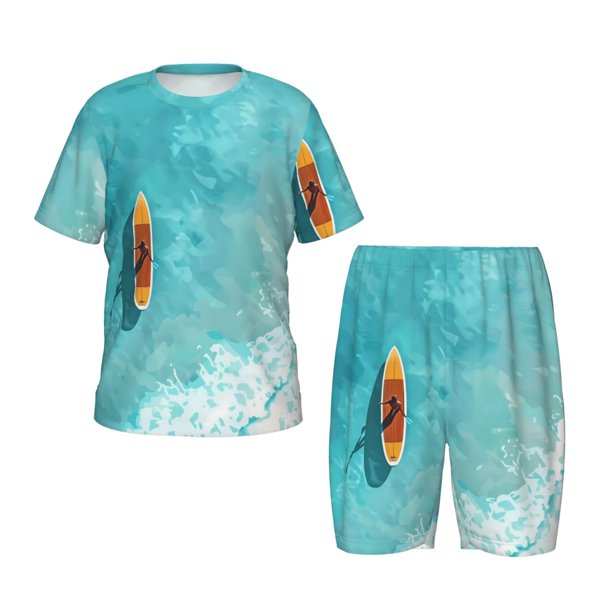Fotbe Tranquil Ocean Canoe Journey Pijama Estampada de 2 Piezas para Niños – Ropa de Dormir de Manga Corta Cómoda para Niños y Niñas, Camiseta y Shorts de Algodón-X-Large