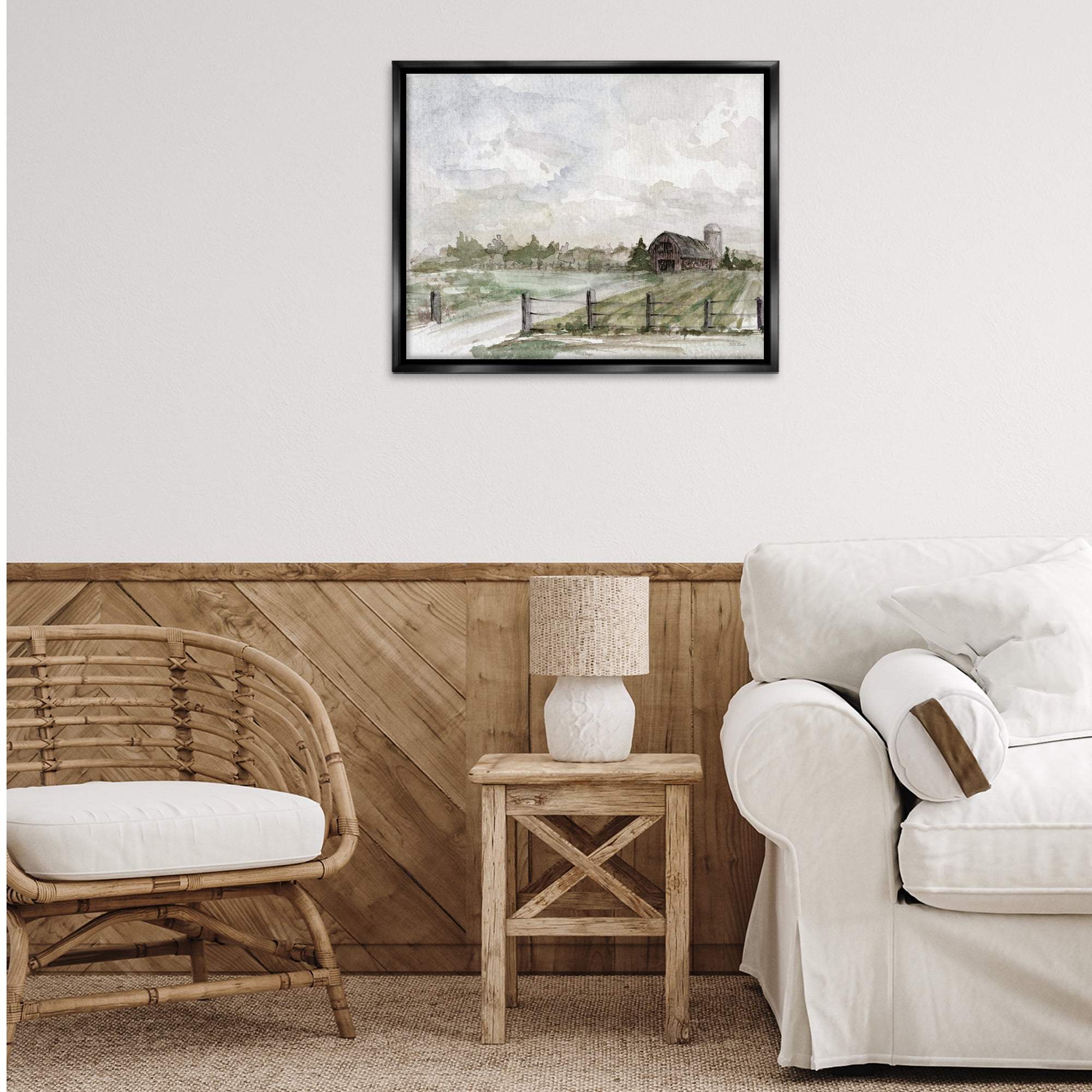 Stupell Industries Rustic Barn & Fence Landscape Painting Black Floater Framed Canvas Art Print Wall Art, 31 x 25