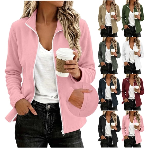 Feancey Womens Fleece Jackets Full Zip Stand Collar Lightweight Jacket Long Sleeve Casual Zip Up Cardigan Jackets Fall Outerwear with Pockets Army Green L