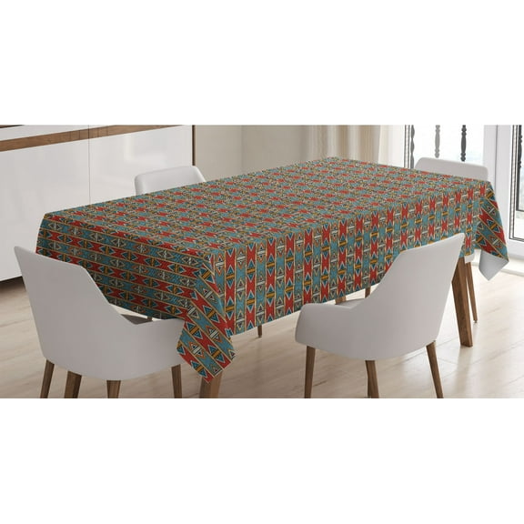 Kente Pattern Tablecloth, Tribal Traditional Triangles and Stripes Indigenous Native Cultural Heritage, Rectangle Satin Table Cover for Dining Room and Kitchen, 60" X 90", Multicolor, by Ambesonne