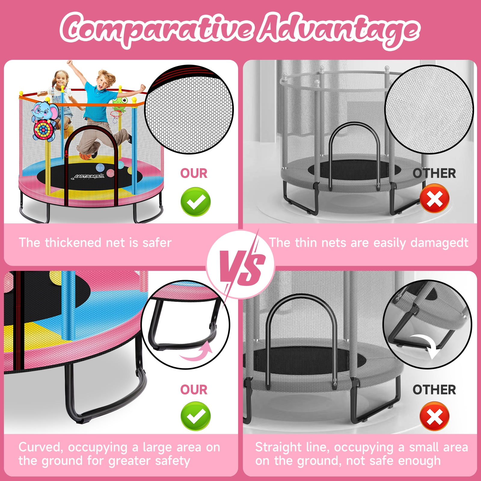 LASTJUMPER 60" Pink Trampolines for Kids, 5ft Mini Indoor & Outdoor Small Toddler Trampoline with Basketball Hoop, Dart Board, Ocean Ball ,Baby Trampoline Toys, Birthday Gifts for Kids