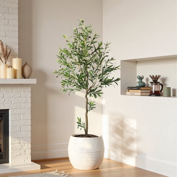 OLIVIVI Artificial Olive Tree 6FT Tall Faux Silk Plant for Home Office Decor Indoor Outdoor Fake Lifelike Potted Plant with Wood Branches 1 pack