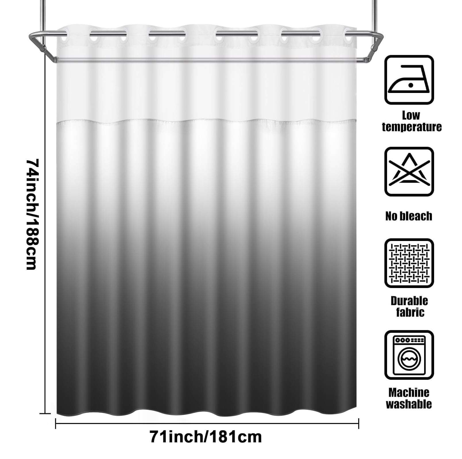 Ikfashoni Hookless Shower Curtain with Snap in Liner, Gray Gradient No Hook Waterproof Ombre Bath Curtain, 71"X74"