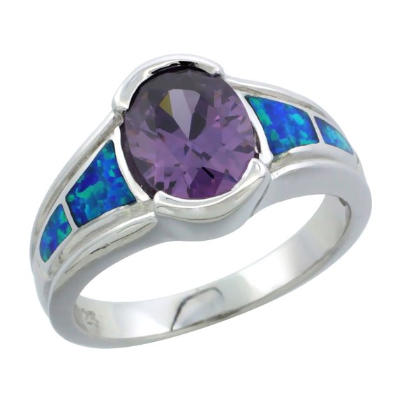 925 Sterling Silver Hand Inlay Synthetic Blue Opal Oval Amethyst CZ Ring 12mm