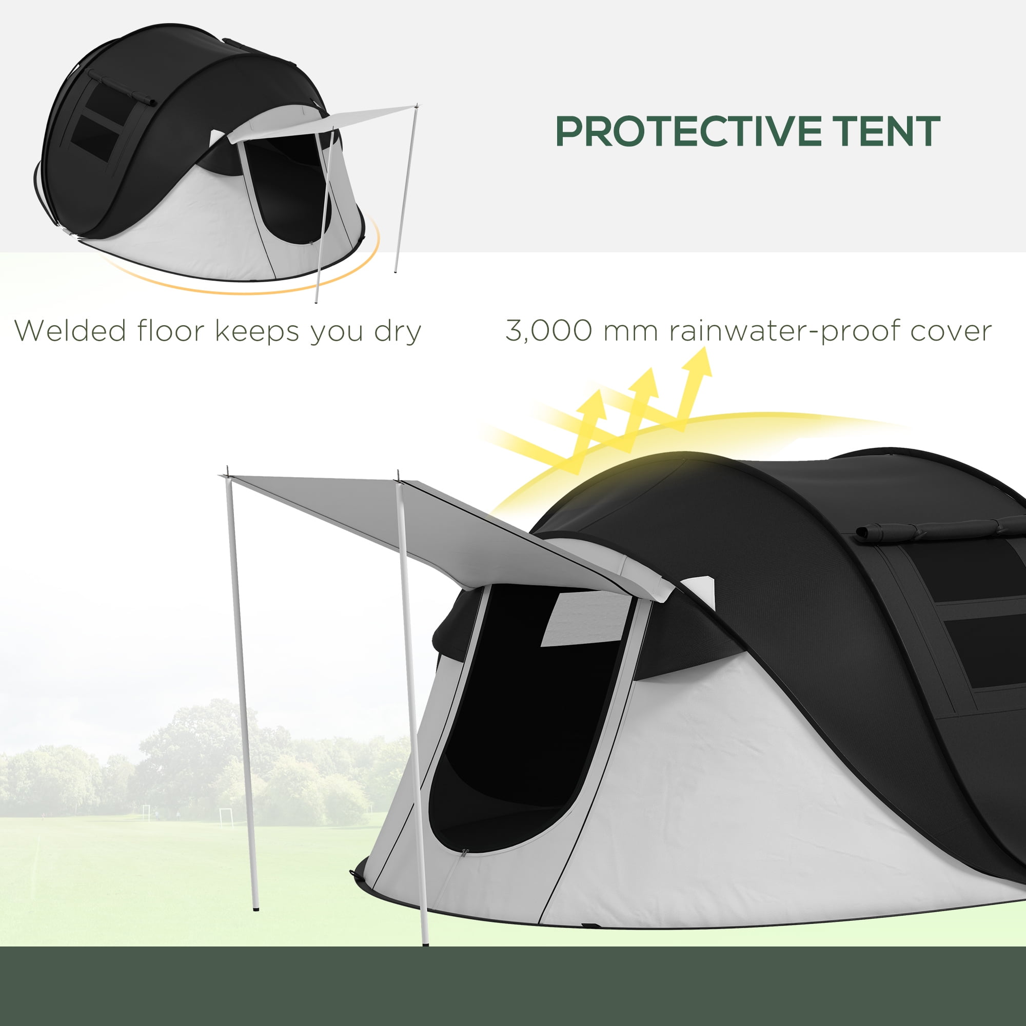 Outsunny Camping Tent with Porch and Carry Bag, 3000mm Waterproof, Black